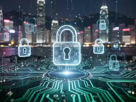 A glowing circuit board with digital lock icons, symbolizing banking technology, security, and potential disruptions in an Asian city. - Foto: über boerse-global.de