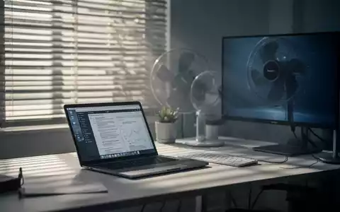 Ein ruhiges Heimbüro mit Laptop, Monitor und einem Ventilator, sanftes Licht fällt durch geschlossene Jalousien, suggeriert Kühle bei Hitze. - Foto: über boerse-global.de