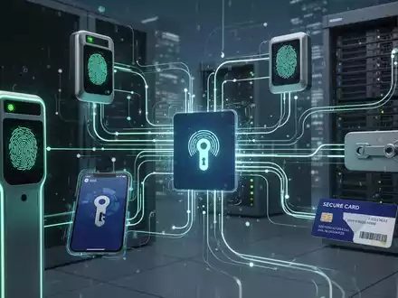 An abstract image showing digital and physical identity management, with lines connecting biometric scanners, servers, and smart devices. - Foto: über boerse-global.de