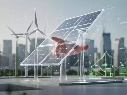 Eine Hand berührt eine digitale Darstellung einer Windkraftanlage auf einem Bildschirm, im Hintergrund eine moderne Stadtlandschaft mit grüner Energieinfrastruktur. - Foto: über boerse-global.de