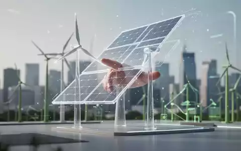 Eine Hand berührt eine digitale Darstellung einer Windkraftanlage auf einem Bildschirm, im Hintergrund eine moderne Stadtlandschaft mit grüner Energieinfrastruktur. - Foto: über boerse-global.de
