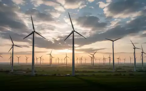 Ein weitläufiger Windpark mit hohen Windturbinen im Sonnenuntergang, vor einem dramatischen Himmel. - Foto: über boerse-global.de
