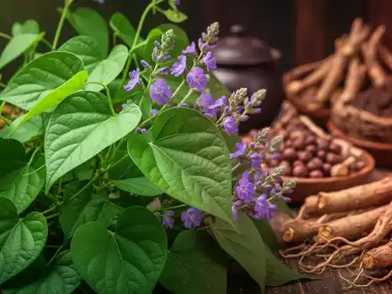 Nahaufnahme von grünen Kudzu-Blättern und lila Blüten, mit einem unscharfen Hintergrund, der traditionelle asiatische Heilkräuter zeigt. - Foto: über boerse-global.de