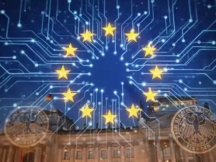 Eine abstrakte Darstellung von KI-Regulierung in der EU, mit einem neuronalen Netz und der EU-Flagge über einem deutschen Regierungsgebäude. - Foto: über boerse-global.de