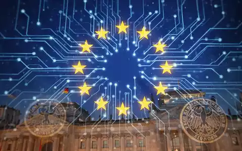 Eine abstrakte Darstellung von KI-Regulierung in der EU, mit einem neuronalen Netz und der EU-Flagge über einem deutschen Regierungsgebäude. - Foto: über boerse-global.de