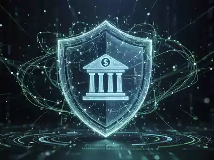 Abstrakte Darstellung von Cybersicherheit und digitaler Resilienz, mit leuchtenden Datenlinien, die eine Finanzinstitution umgeben. - Foto: über boerse-global.de