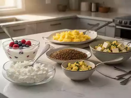 Ein ansprechendes Frühstück mit proteinreichen Lebensmitteln wie griechischem Joghurt, Hüttenkäse, Eiern, Linsen und Tofu in sanftem Morgenlicht. - Foto: über boerse-global.de