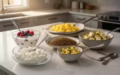 Ein ansprechendes Frühstück mit proteinreichen Lebensmitteln wie griechischem Joghurt, Hüttenkäse, Eiern, Linsen und Tofu in sanftem Morgenlicht. - Foto: über boerse-global.de