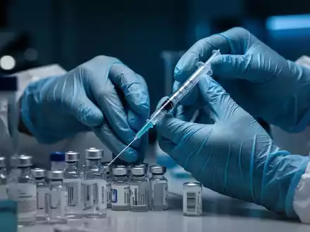 Nahaufnahme der Hände eines Forschers in sterilen Handschuhen, der in einem Labor Reagenzgläser und eine Spritze handhabt. - Foto: über boerse-global.de