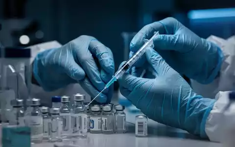 Nahaufnahme der Hände eines Forschers in sterilen Handschuhen, der in einem Labor Reagenzgläser und eine Spritze handhabt. - Foto: über boerse-global.de