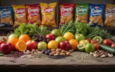 Eine vielfältige Anordnung von frischem Obst, Gemüse, Nüssen und Samen auf einem Holztisch, im Kontrast zu unscharfen verarbeiteten Lebensmitteln. - Foto: über boerse-global.de