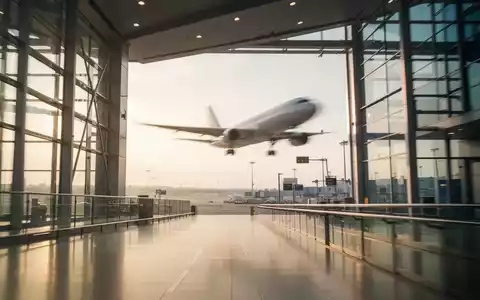 Moderner Flughafen-Terminal mit startendem Flugzeug im Hintergrund, beleuchtet von optimistischem Sonnenlicht. - Foto: über boerse-global.de