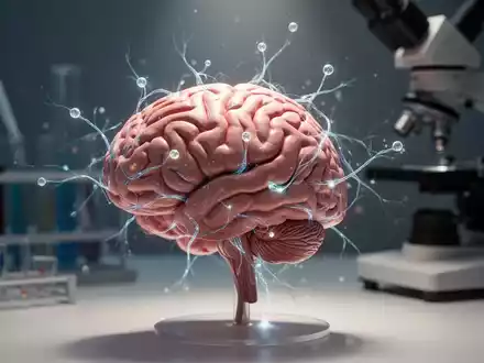 Nahaufnahme eines menschlichen Gehirnmodells mit leuchtenden neuronalen Pfaden, umgeben von wissenschaftlichen Instrumenten. - Foto: über boerse-global.de
