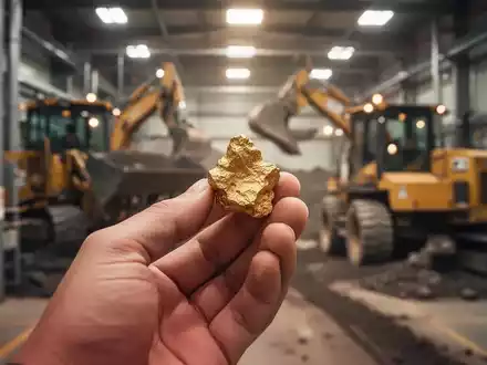 Eine Hand hält ein kleines Goldnugget vor dem unscharfen Hintergrund einer modernen Bergbauanlage, die Sanierung und Effizienz symbolisiert. - Foto: über boerse-global.de