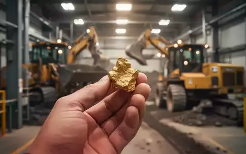 Eine Hand hält ein kleines Goldnugget vor dem unscharfen Hintergrund einer modernen Bergbauanlage, die Sanierung und Effizienz symbolisiert. - Foto: über boerse-global.de