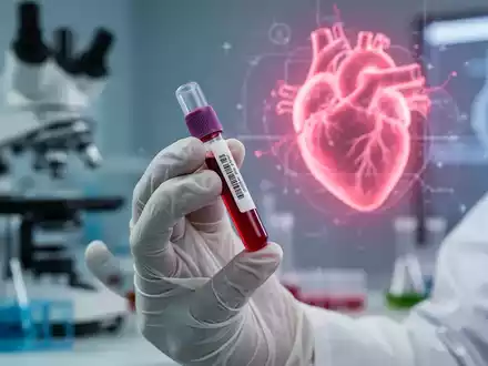 Nahaufnahme der Hand eines Mediziners, der ein Blutprobenröhrchen hält, mit unscharfen wissenschaftlichen Geräten und Herzgrafik im Hintergrund. - Foto: über boerse-global.de