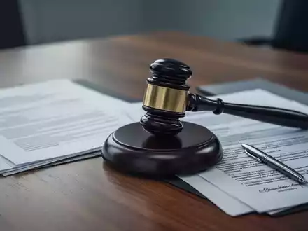 Ein hölzerner Hammer liegt auf einem Schreibtisch neben unscharfen Dokumenten und einem Stift, symbolisiert Betriebsratspflichten und Recht. - Foto: über boerse-global.de