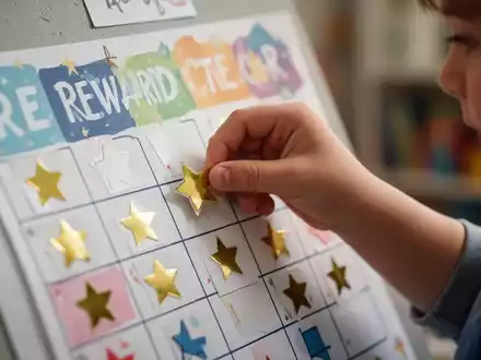 Eine Kinderhand platziert einen goldenen Sternaufkleber auf einer bunten Belohnungstafel, die teilweise mit anderen Sternen gefüllt ist. - Foto: über boerse-global.de