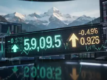 Ein stilisiertes, leuchtendes digitales Börsenticker zeigt Finanzdaten, im Hintergrund verschwommen die Schweizer Alpen. - Foto: über boerse-global.de