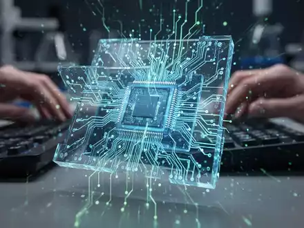Eine Nahaufnahme eines leuchtenden Computerchips mit komplexen blauen und grünen Lichtmustern, die Datenfluss und Schaltkreise andeuten. Im Hintergrund sind verschwommene Hände an Forschungsausrüstung zu sehen. - Foto: über boerse-global.de