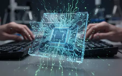Eine Nahaufnahme eines leuchtenden Computerchips mit komplexen blauen und grünen Lichtmustern, die Datenfluss und Schaltkreise andeuten. Im Hintergrund sind verschwommene Hände an Forschungsausrüstung zu sehen. - Foto: über boerse-global.de