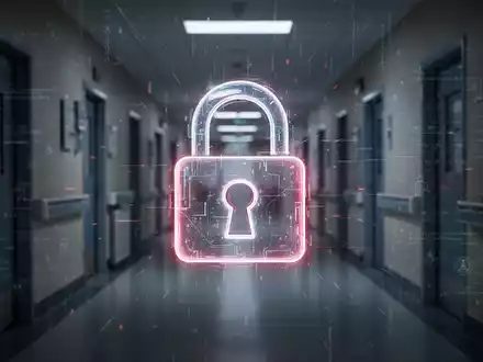 A glowing padlock icon over a blurred image of hospital corridors and flowing digital data, representing healthcare cybersecurity. - Foto: über boerse-global.de