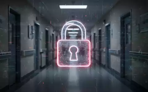 A glowing padlock icon over a blurred image of hospital corridors and flowing digital data, representing healthcare cybersecurity. - Foto: über boerse-global.de