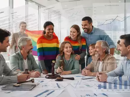 Diverse Familienmodelle, darunter Regenbogenfamilien, interagieren in einem hellen, modernen Raum, mit abstrakten rechtlichen und finanziellen Elementen im Hintergrund. - Foto: über boerse-global.de