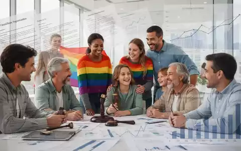 Diverse Familienmodelle, darunter Regenbogenfamilien, interagieren in einem hellen, modernen Raum, mit abstrakten rechtlichen und finanziellen Elementen im Hintergrund. - Foto: über boerse-global.de
