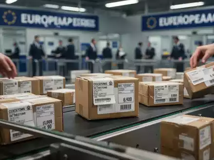 Kleine Pakete mit Zoll- und Preisetiketten auf einem Förderband in einer Zollabfertigungsanlage. - Foto: über boerse-global.de
