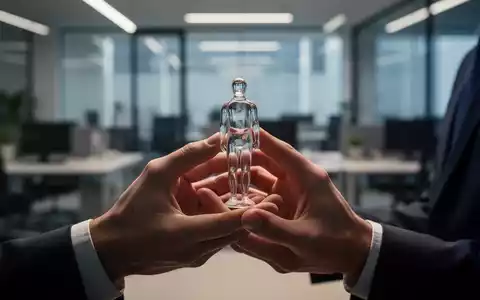 Hände halten eine zerbrechliche Glasfigur eines Menschen, mit einem verschwommenen Bürohintergrund, der Selbstzweifel symbolisiert. - Foto: über boerse-global.de