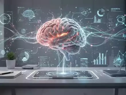 Eine stilisierte Darstellung eines Gehirns mit leuchtenden Neuronen, verbunden mit einer futuristischen KI-Schnittstelle auf einem Schreibtisch. - Foto: über boerse-global.de