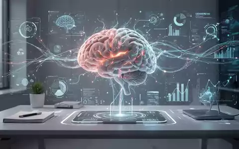 Eine stilisierte Darstellung eines Gehirns mit leuchtenden Neuronen, verbunden mit einer futuristischen KI-Schnittstelle auf einem Schreibtisch. - Foto: über boerse-global.de