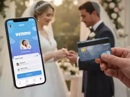 A smartphone screen showing the Venmo app, with a credit card next to it, and a blurred image of a wedding couple in the background. - Foto: über boerse-global.de