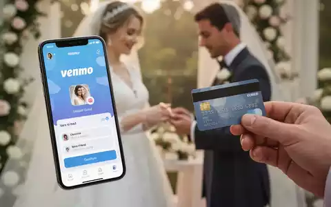 A smartphone screen showing the Venmo app, with a credit card next to it, and a blurred image of a wedding couple in the background. - Foto: über boerse-global.de