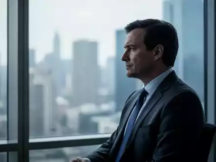 Ein nachdenklicher Manager blickt aus einem modernen Bürodachfenster auf eine verschwommene Stadtlandschaft, die Ruhe und Resilienz symbolisiert. - Foto: über boerse-global.de