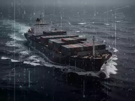 Ein stilisiertes Bild eines Schattenfrachtschiffs, das durch dunkle Gewässer fährt, mit überlagerten digitalen Daten, die Sanktionen symbolisieren. - Foto: über boerse-global.de