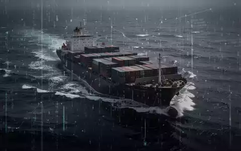 Ein stilisiertes Bild eines Schattenfrachtschiffs, das durch dunkle Gewässer fährt, mit überlagerten digitalen Daten, die Sanktionen symbolisieren. - Foto: über boerse-global.de