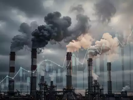Industrielle Schornsteine emittieren Rauch unter einem dramatischen Himmel, mit einer subtilen Überlagerung eines Finanzdiagramms, das steigende Kosten zeigt. - Foto: über boerse-global.de