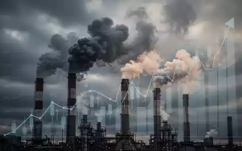 Industrielle Schornsteine emittieren Rauch unter einem dramatischen Himmel, mit einer subtilen Überlagerung eines Finanzdiagramms, das steigende Kosten zeigt. - Foto: über boerse-global.de
