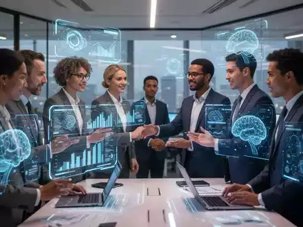 HR-Manager in einem modernen Büro, die mit holografischen Daten und KI-gestützten Systemen interagieren, was den Bedarf an HR-Managern in den USA widerspiegelt. - Foto: über boerse-global.de