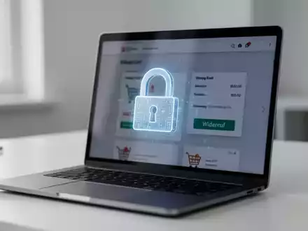Ein stilisiertes digitales Vorhängeschloss auf einem Laptop-Bildschirm, der eine E-Commerce-Website mit einem Widerrufs-Button anzeigt, symbolisiert Datenschutz und IT-Sicherheit. - Foto: über boerse-global.de