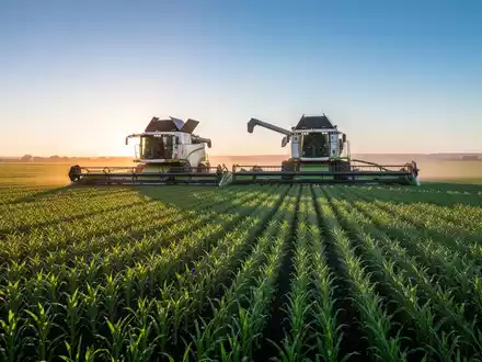 Weites grünes Feld mit einem Mähdrescher in der Ferne bei Sonnenuntergang, symbolisiert Wachstum und Agrarmarkt. - Foto: über boerse-global.de