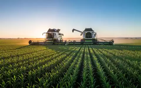 Weites grünes Feld mit einem Mähdrescher in der Ferne bei Sonnenuntergang, symbolisiert Wachstum und Agrarmarkt. - Foto: über boerse-global.de