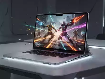 A sleek silver laptop, similar to a MacBook, displaying a colorful video game scene, highlighting gaming on a high-tech device. - Foto: über boerse-global.de