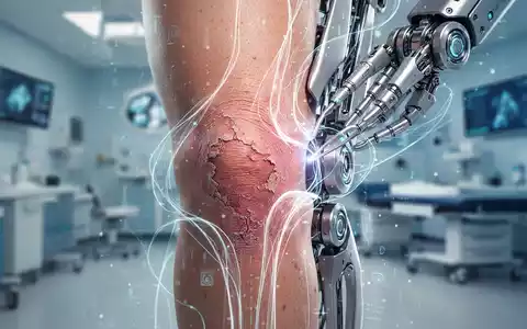 Ein menschliches Kniegelenk mit subtilen Anzeichen von Verschleiß, überlagert von abstrakten digitalen Linien und Roboterelementen. - Foto: über boerse-global.de