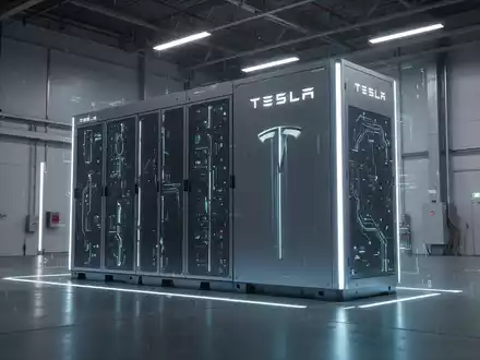 Ein futuristisches Tesla Megapack Batteriespeichersystem in einer sauberen Industrieumgebung mit subtilem Leuchten. - Foto: über boerse-global.de
