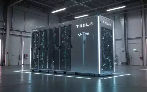 Ein futuristisches Tesla Megapack Batteriespeichersystem in einer sauberen Industrieumgebung mit subtilem Leuchten. - Foto: über boerse-global.de