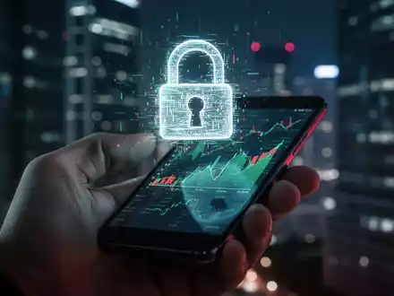 Nahaufnahme einer Hand, die ein Android-Smartphone hält, mit einem glühenden, verzerrten digitalen Schloss-Symbol über dem Bildschirm. Im Hintergrund verschwommene Finanzgebäude bei Nacht. - Foto: über boerse-global.de