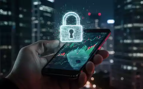 Nahaufnahme einer Hand, die ein Android-Smartphone hält, mit einem glühenden, verzerrten digitalen Schloss-Symbol über dem Bildschirm. Im Hintergrund verschwommene Finanzgebäude bei Nacht. - Foto: über boerse-global.de